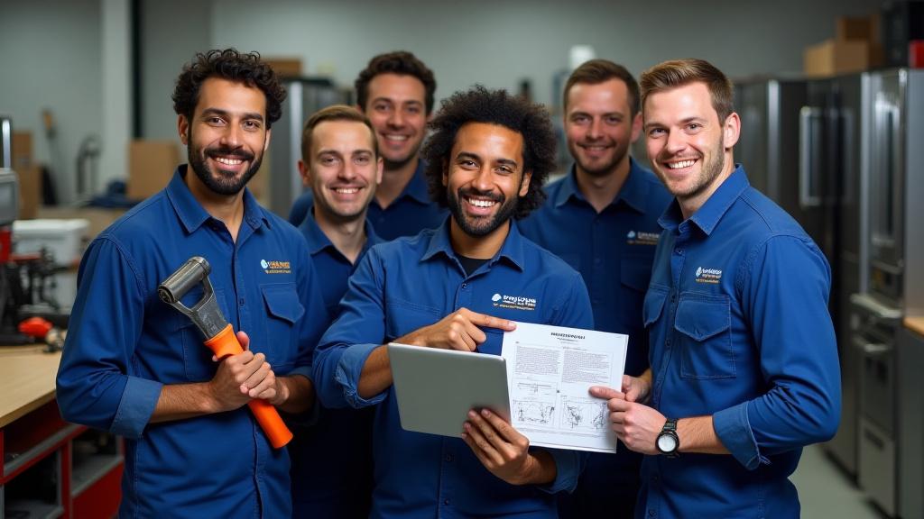 Equipo técnico de Inka Restore sonriendo en un taller moderno